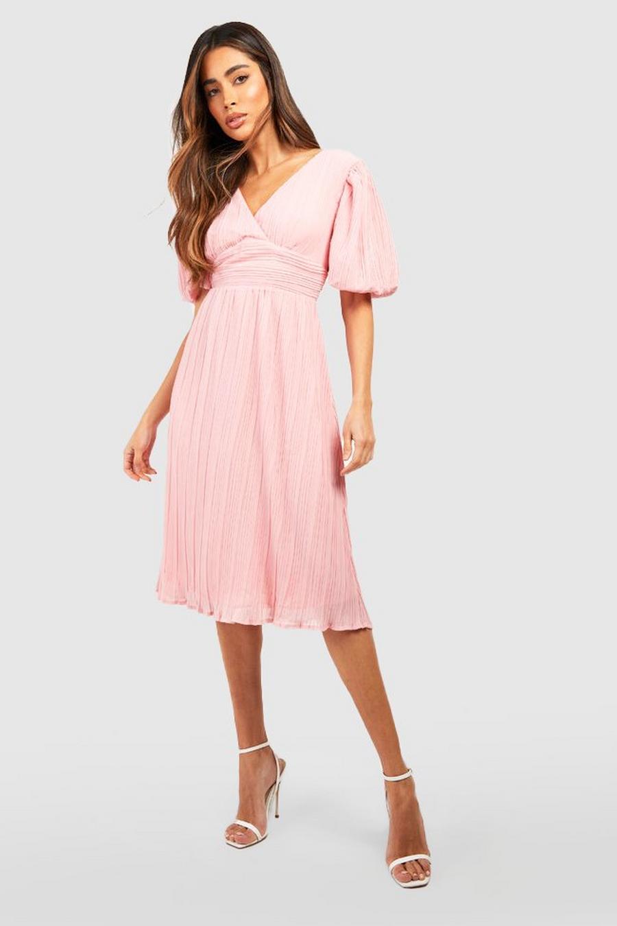 Rose pink Pleated Puff Sleeve Low Back Midi Dress image number 1