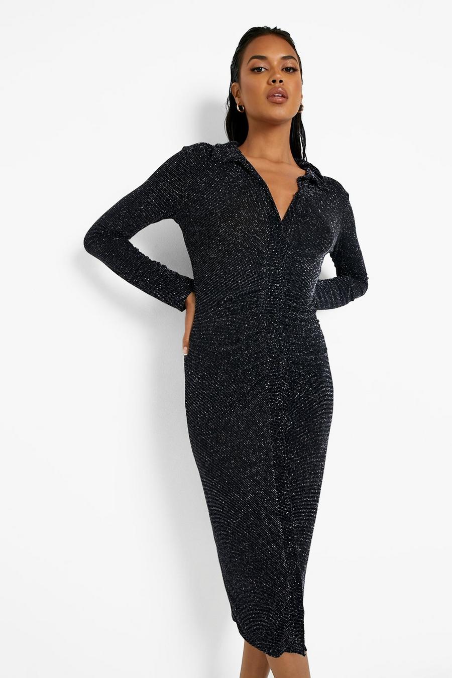 Black Sparkle Ruched Collared Midi Shirt Dress image number 1