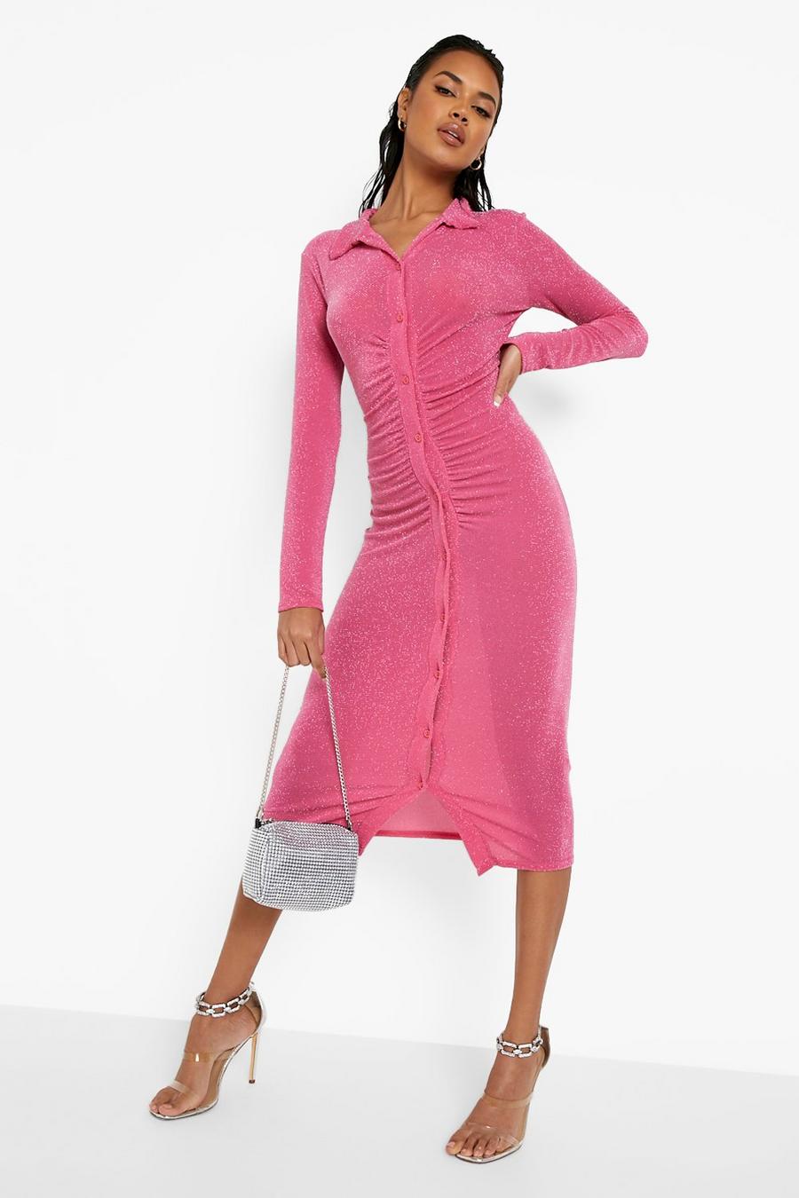 Hot pink Sparkle Ruched Collared Midi Shirt Dress