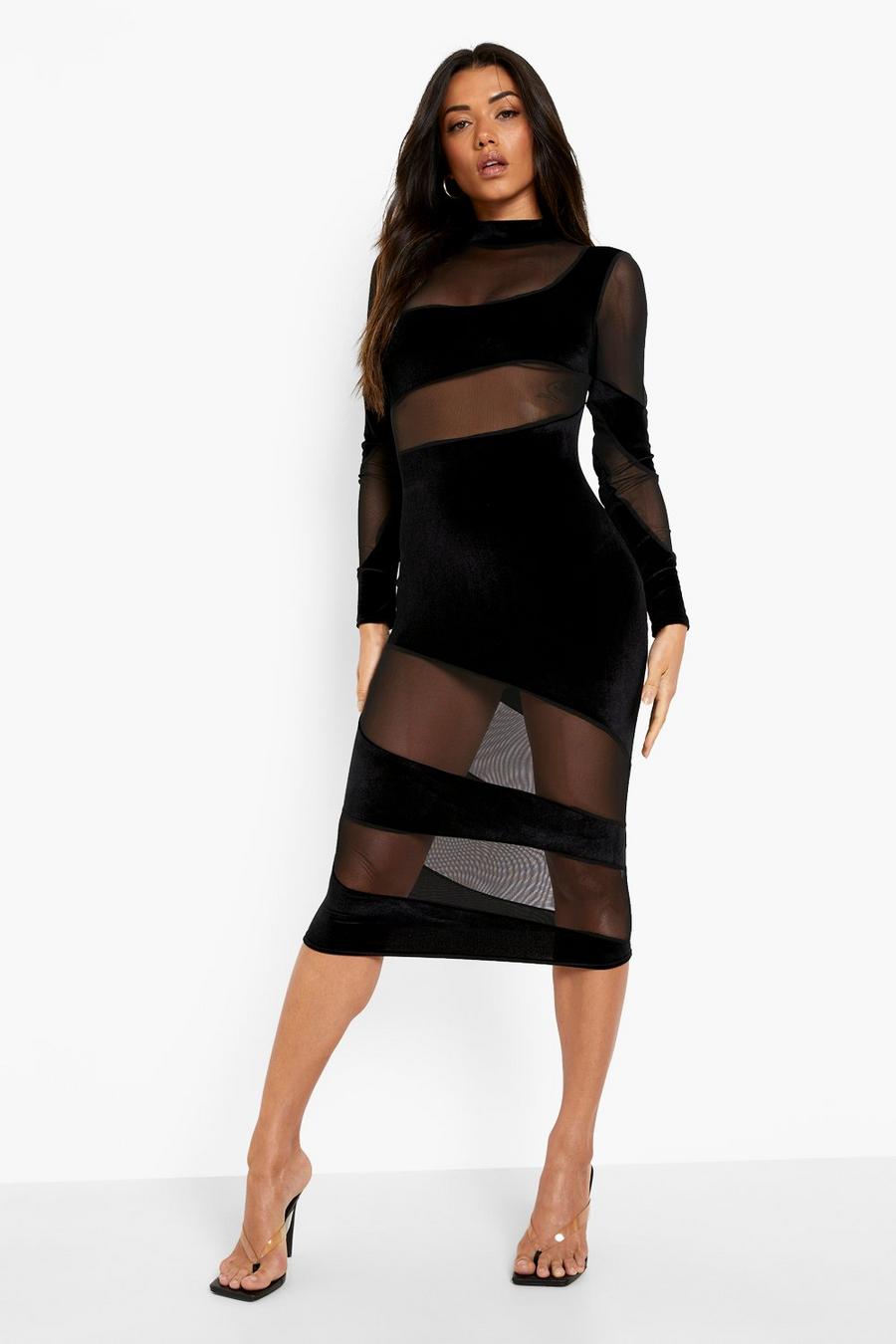Black Velvet And Mesh Paneled Midi Dress image number 1