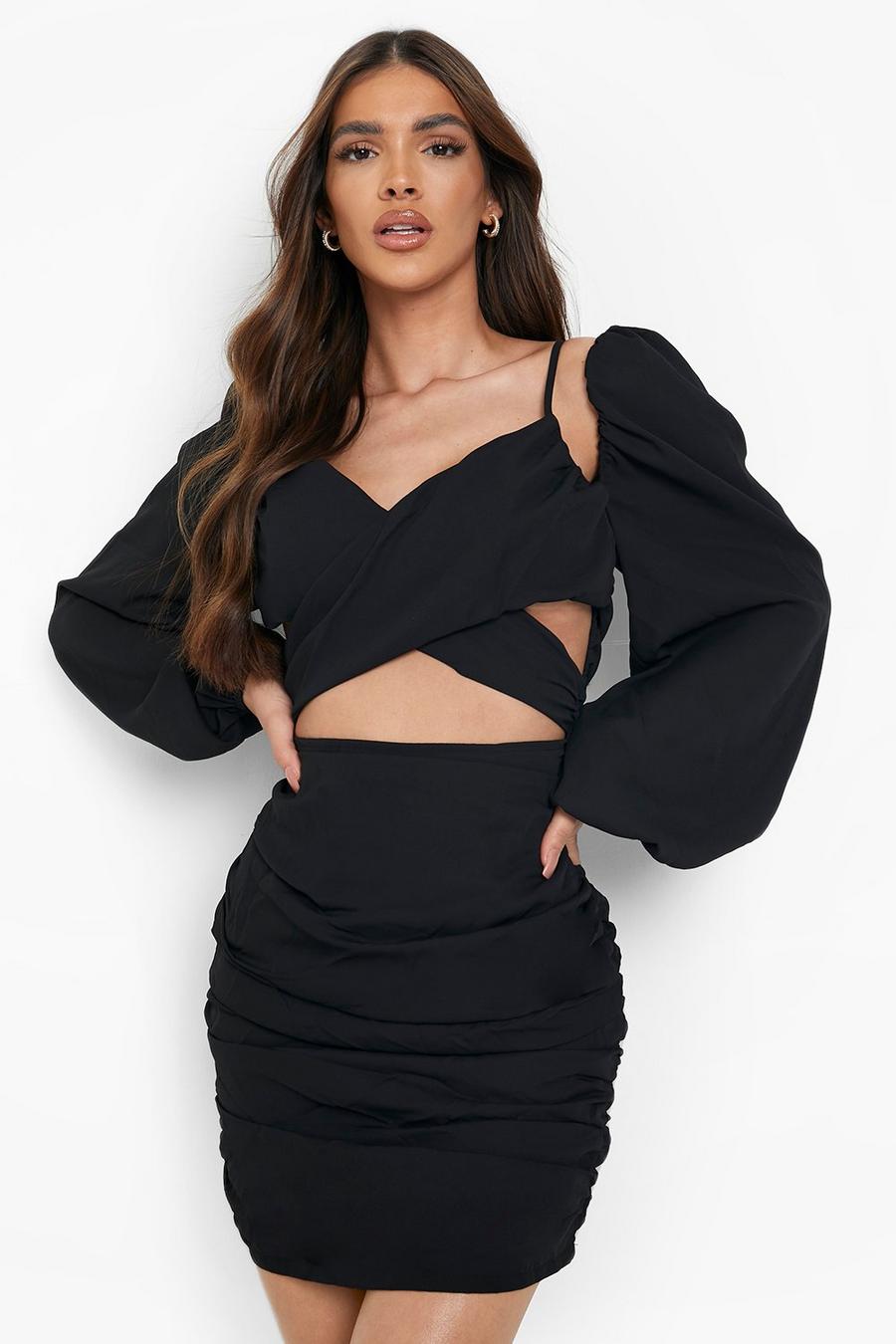 Black svart Strappy Wrap Cold Shoulder Mini Dress