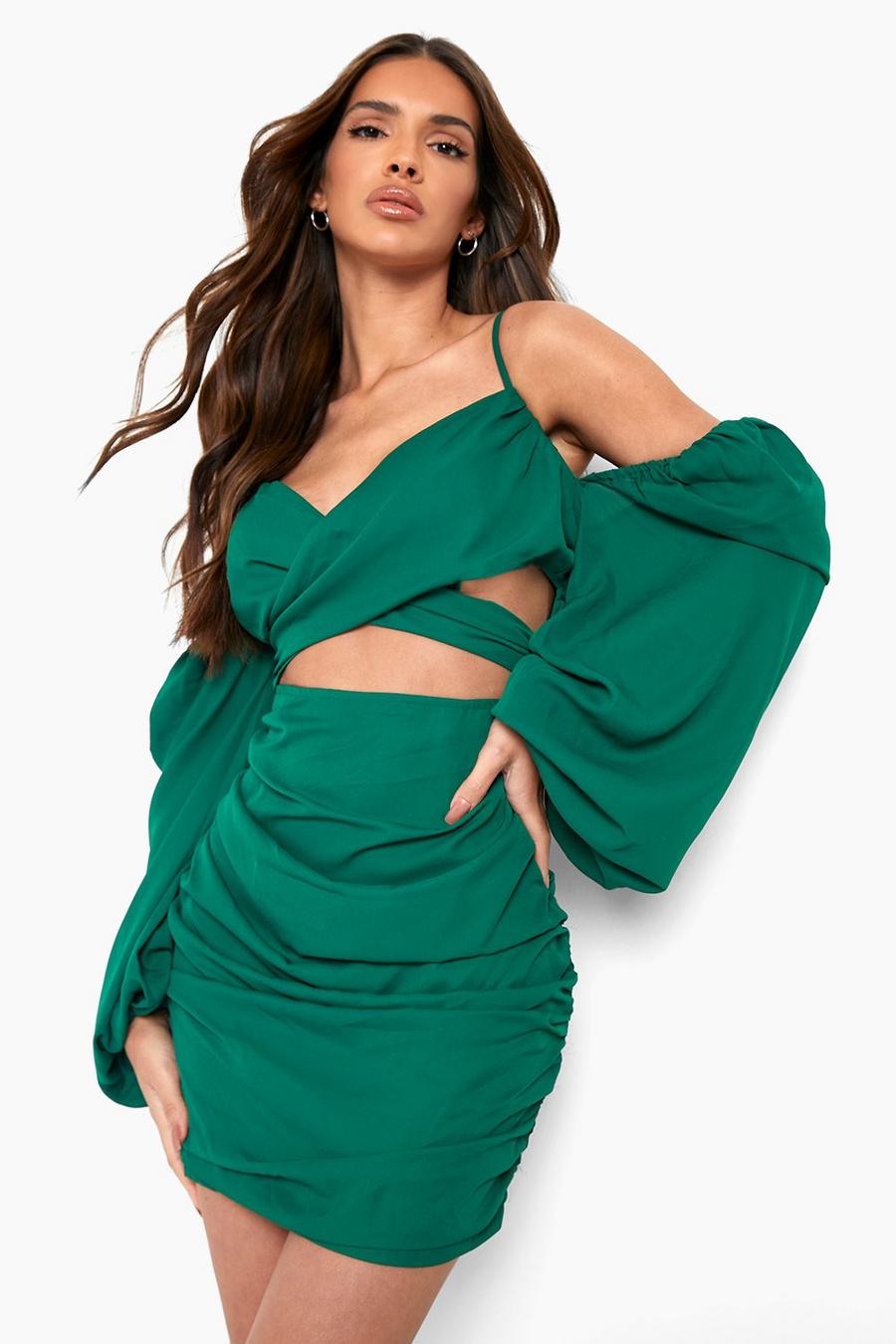 Green grön Strappy Wrap Cold Shoulder Mini Dress image number 1