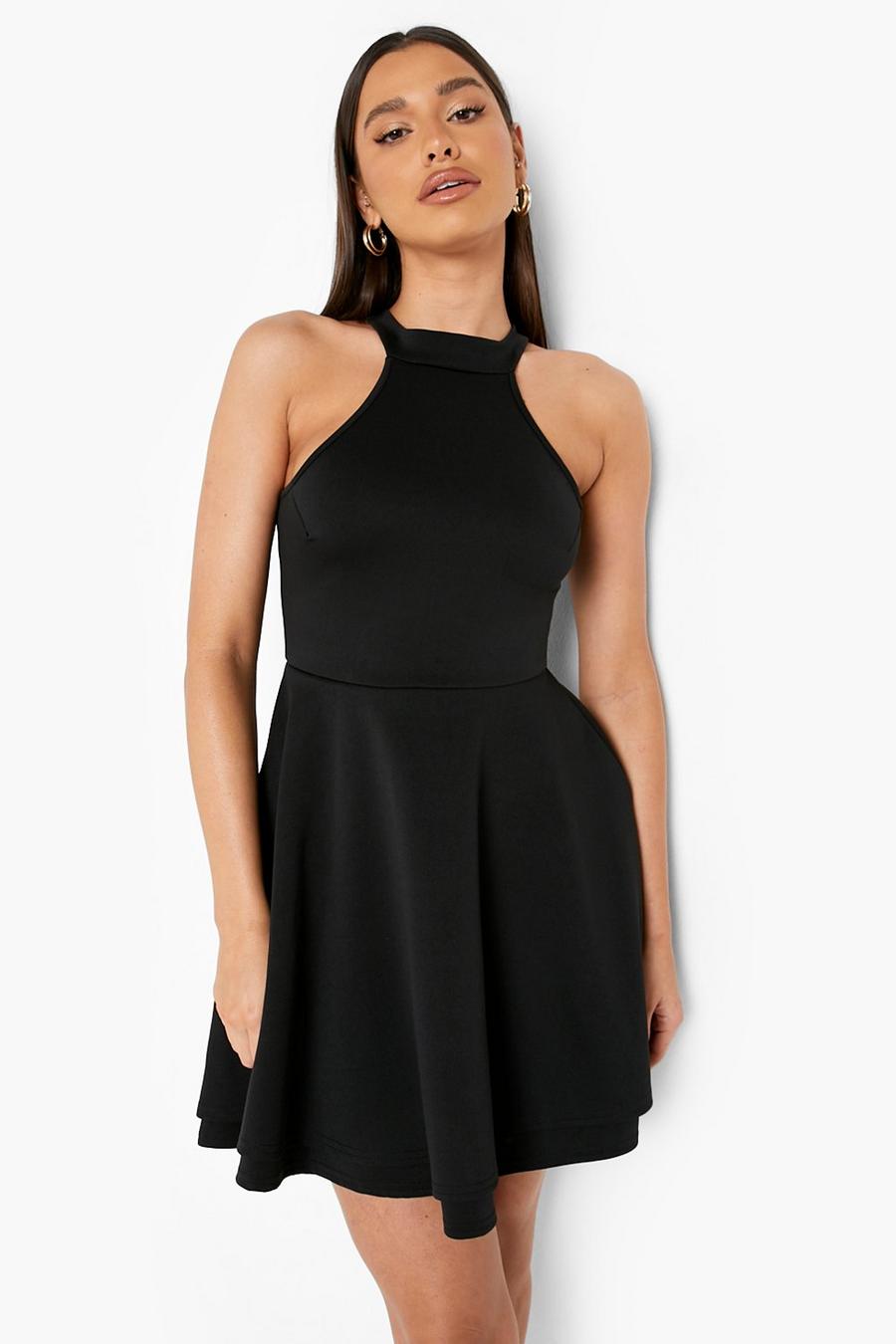 שחור שמלת סקייטר מבד סקובה עם צווארון גבוה image number 1