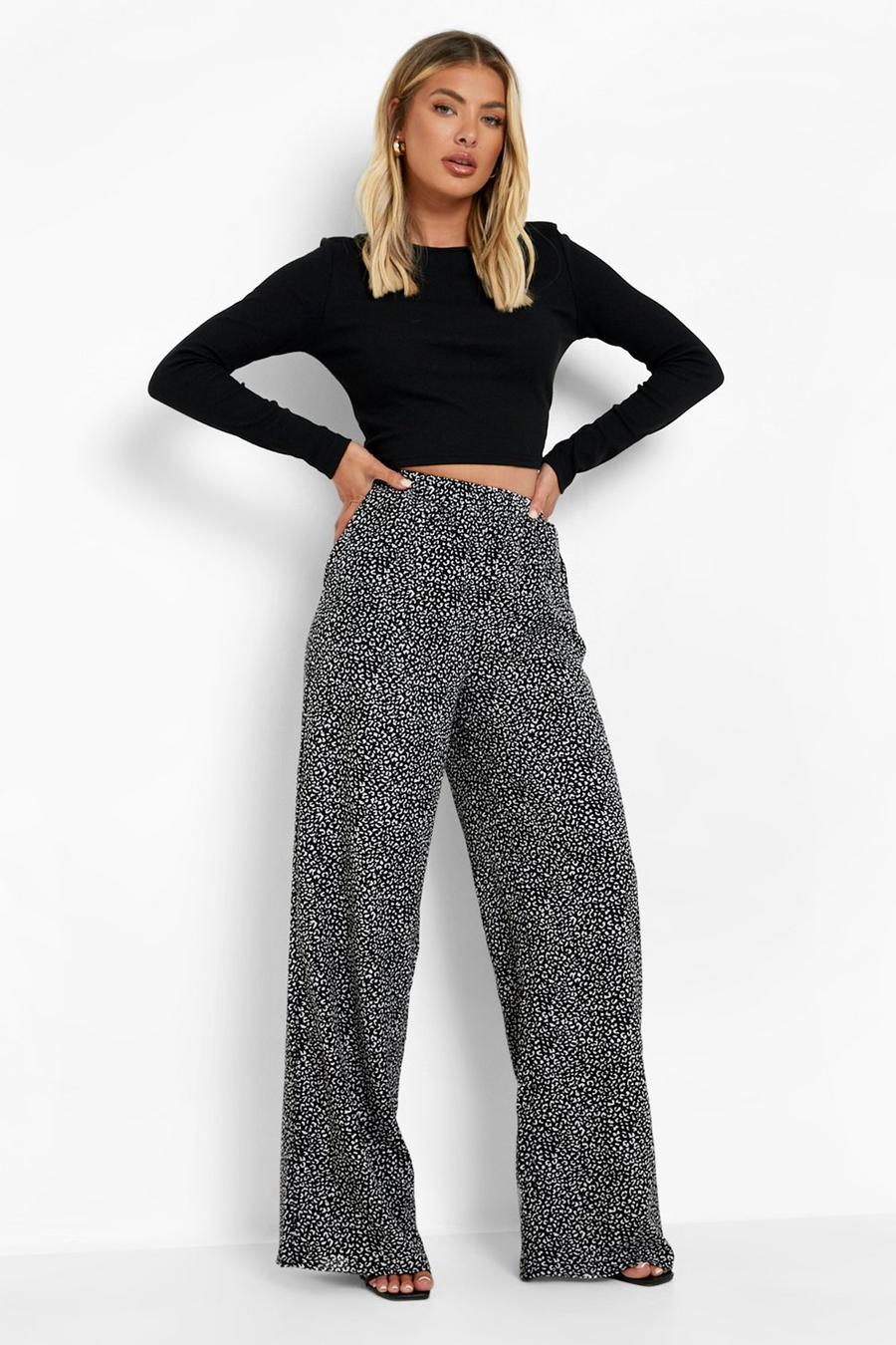 Black Woven Animal Print Wide Leg Trousers image number 1