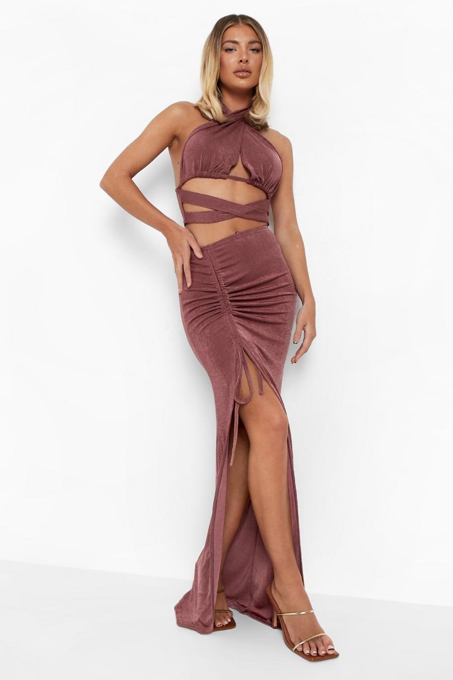 Mauve Textured Slinky Wrap Crop & Ruched Maxi Skirt image number 1