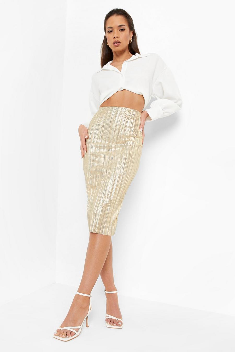 Gold Glitter Plisse Tube Midi Skirt image number 1