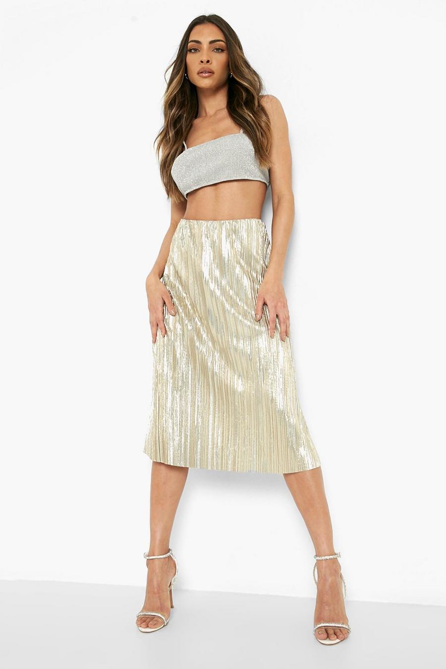 Gold Glitter Plisse Skater Midi Skirt image number 1