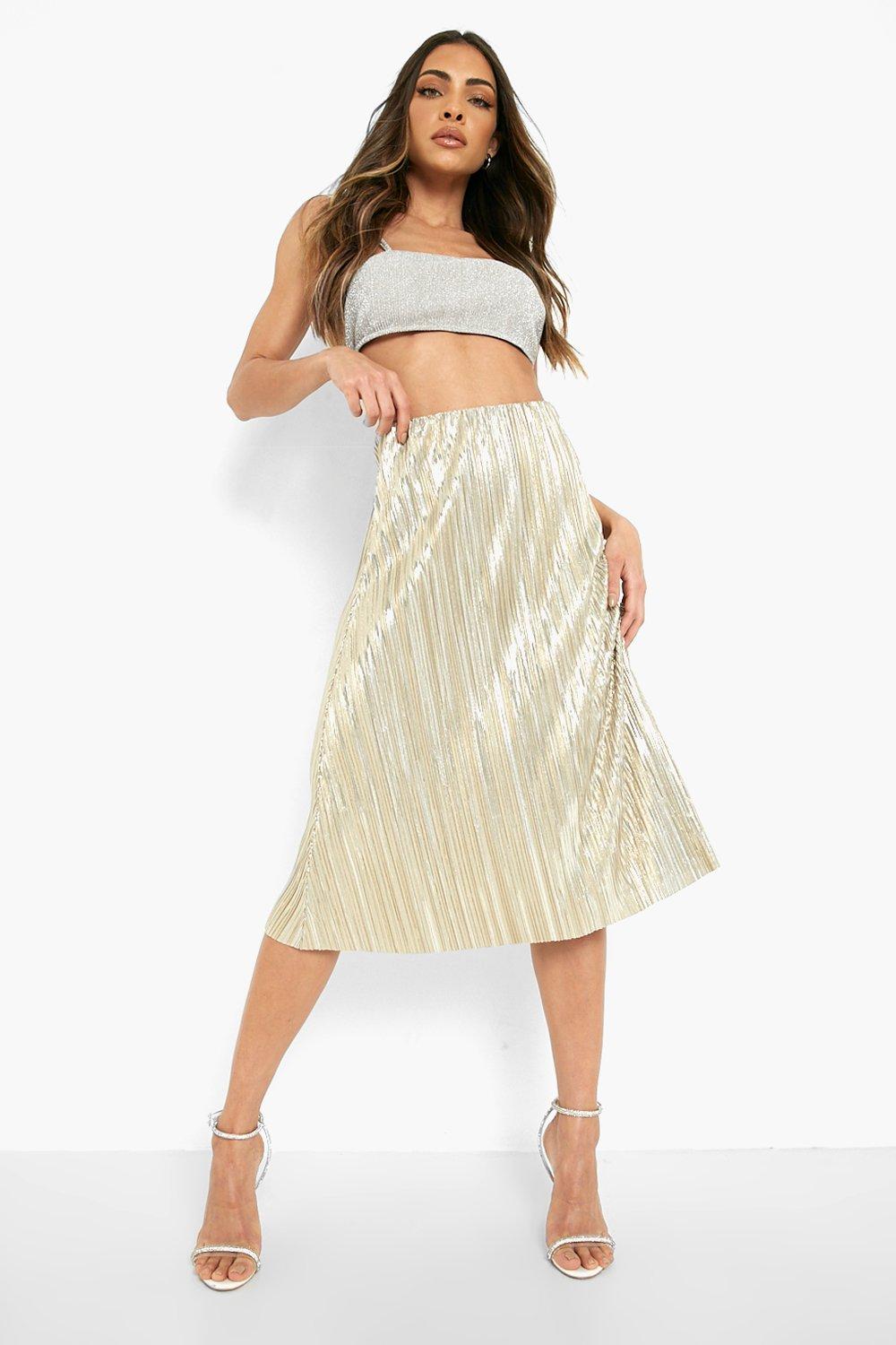 Women s Glitter Plisse Skater Midi Skirt Boohoo UK