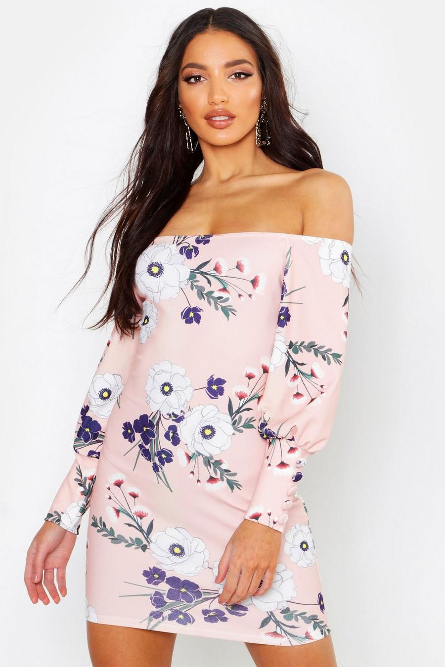 Floral Button Off The Shoulder Bodycon Mini Dress image number 1