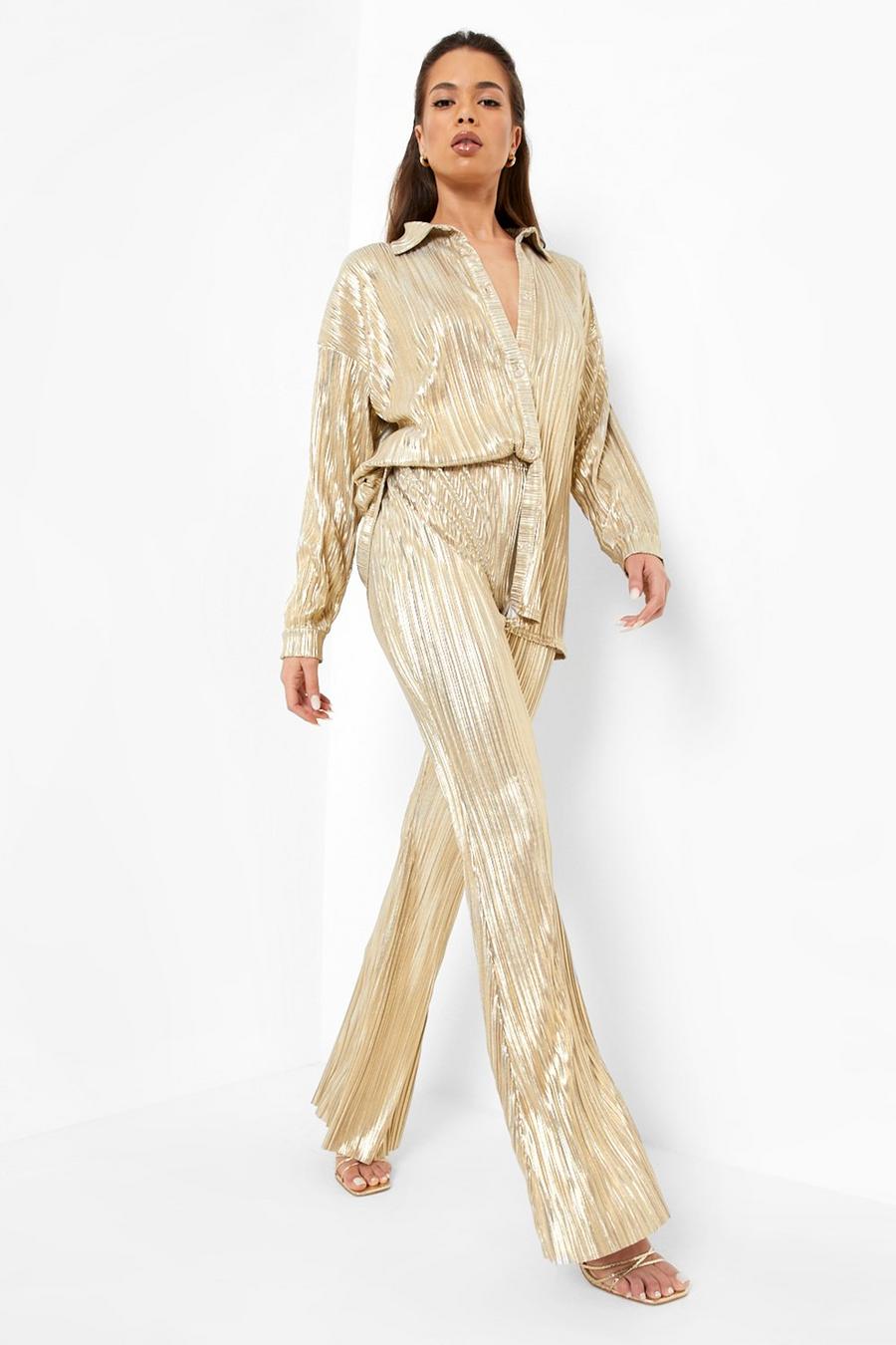 Gold Glitter Plisse Flared Trousers image number 1