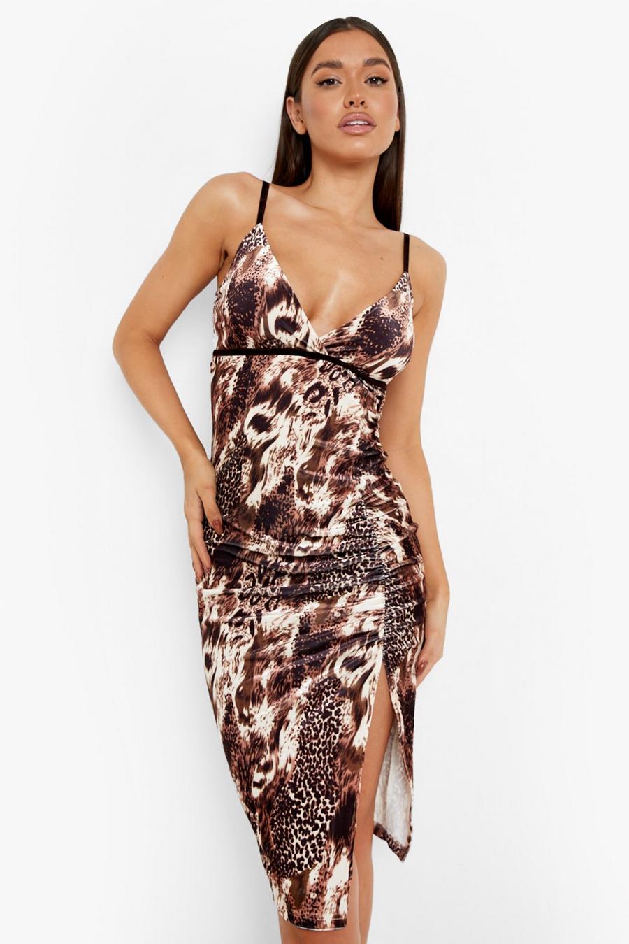 Brown Leopard Print Strappy Plunge Midi Dress image number 1