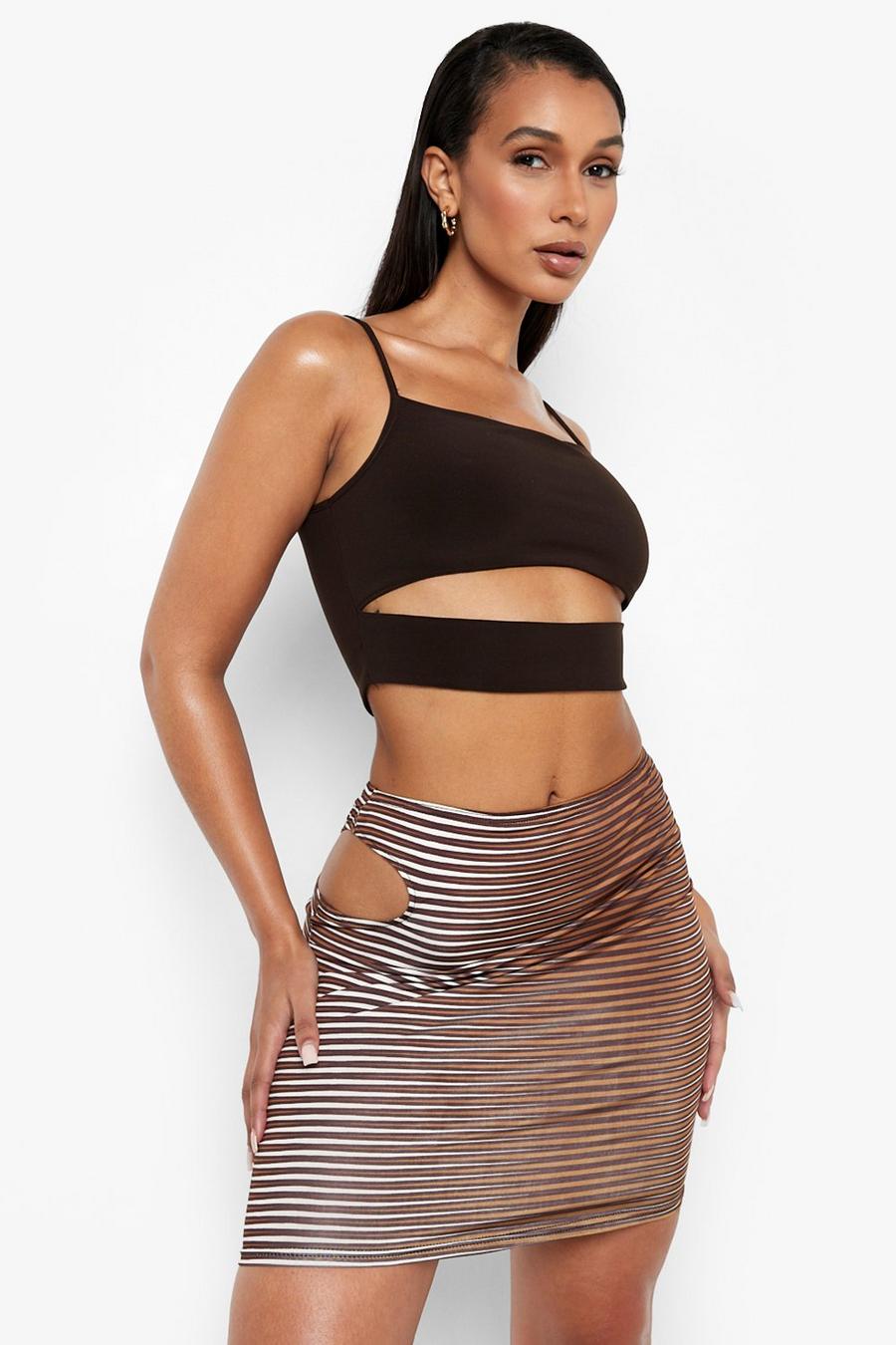 Brown Illusion Print Cut Out Mini Skirt image number 1