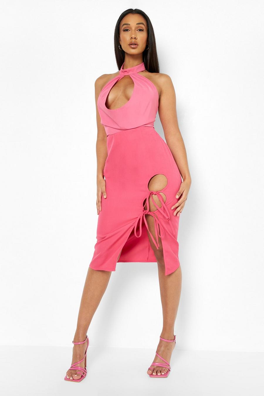 Hot pink Tie Side Detail Woven Midi Skirt
