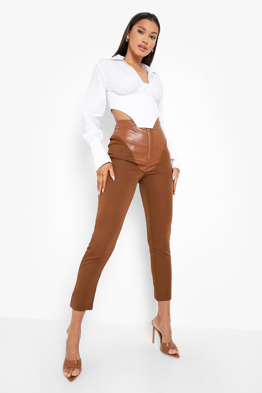 Pantaloni modellanti Skinny Fit in Crepe e PU a contrasto, Chocolate image number 1