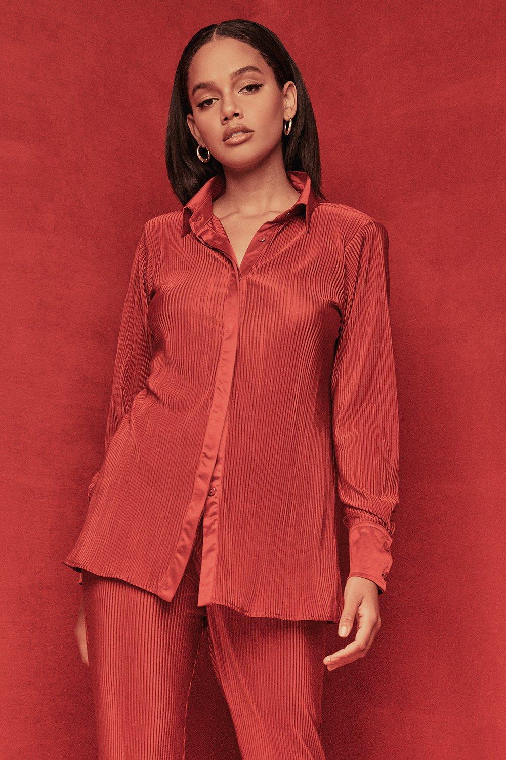 Red Satin Plisse Oversized Shirt  