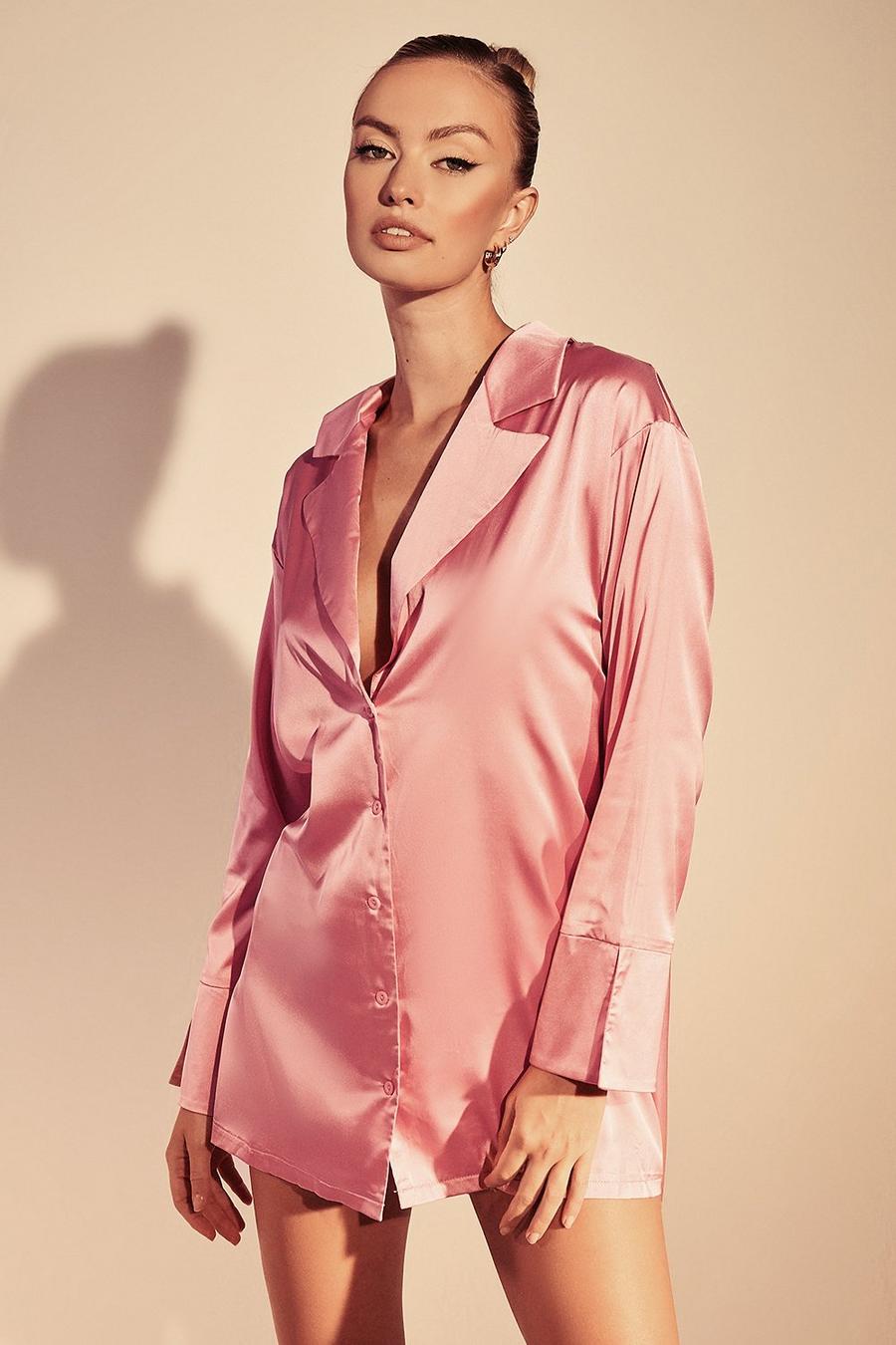 Pink Satin Oversized Blazer Shirt image number 1
