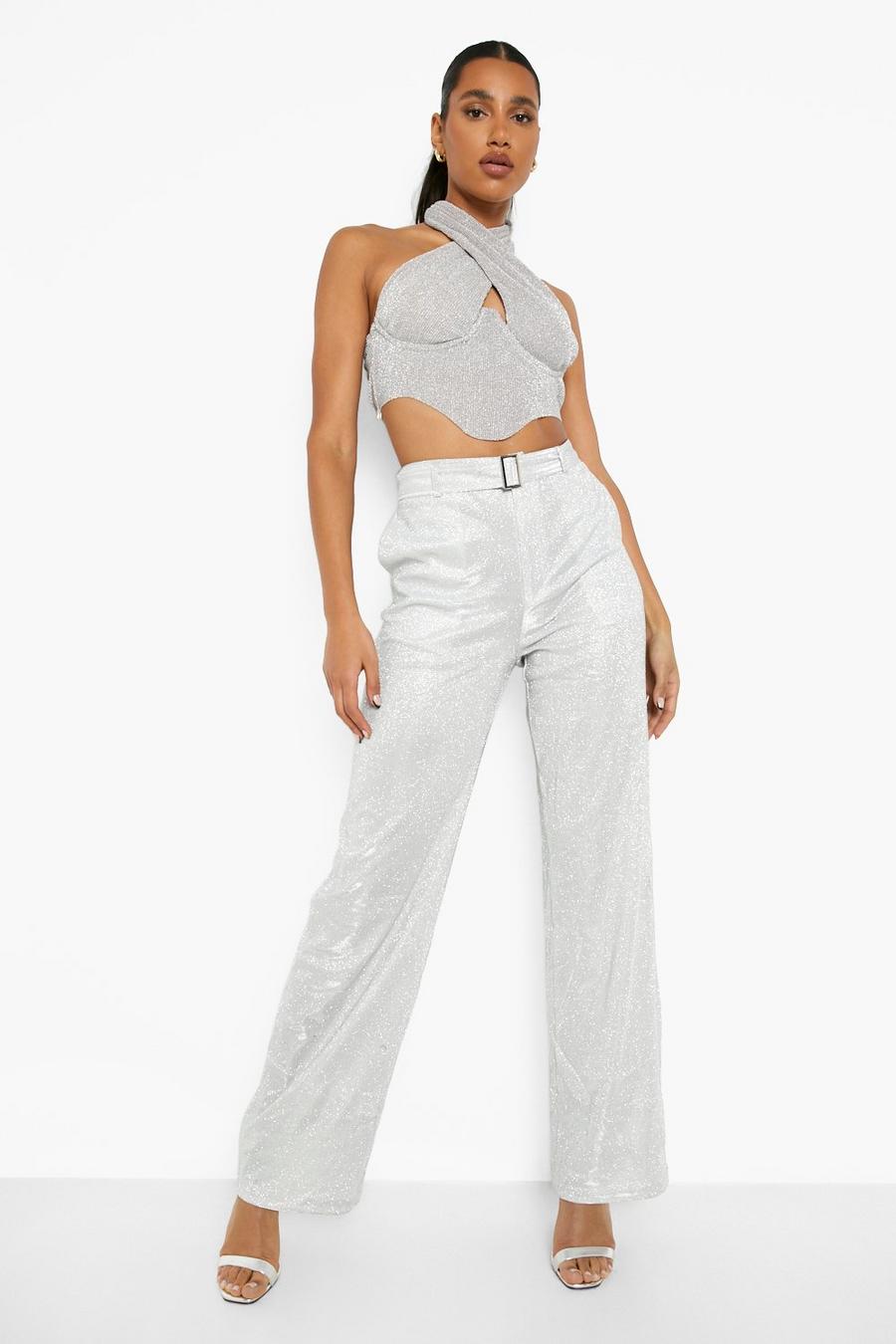Silver Belted High Waisted Glitter Wide Leg Pants image number 1