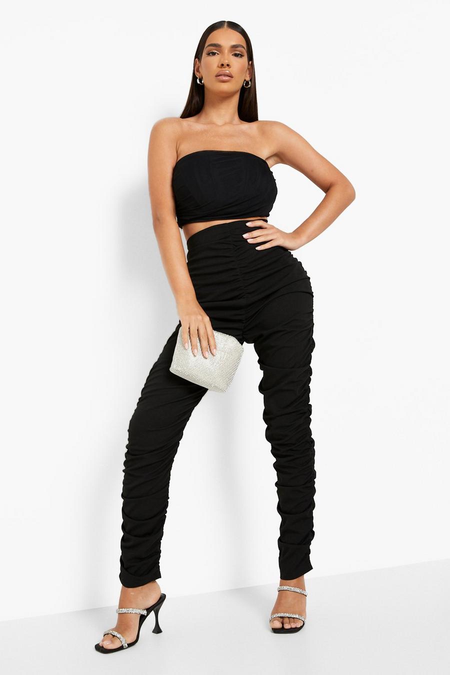 Black Extreme Ruched Zip Front Crepe Pants image number 1