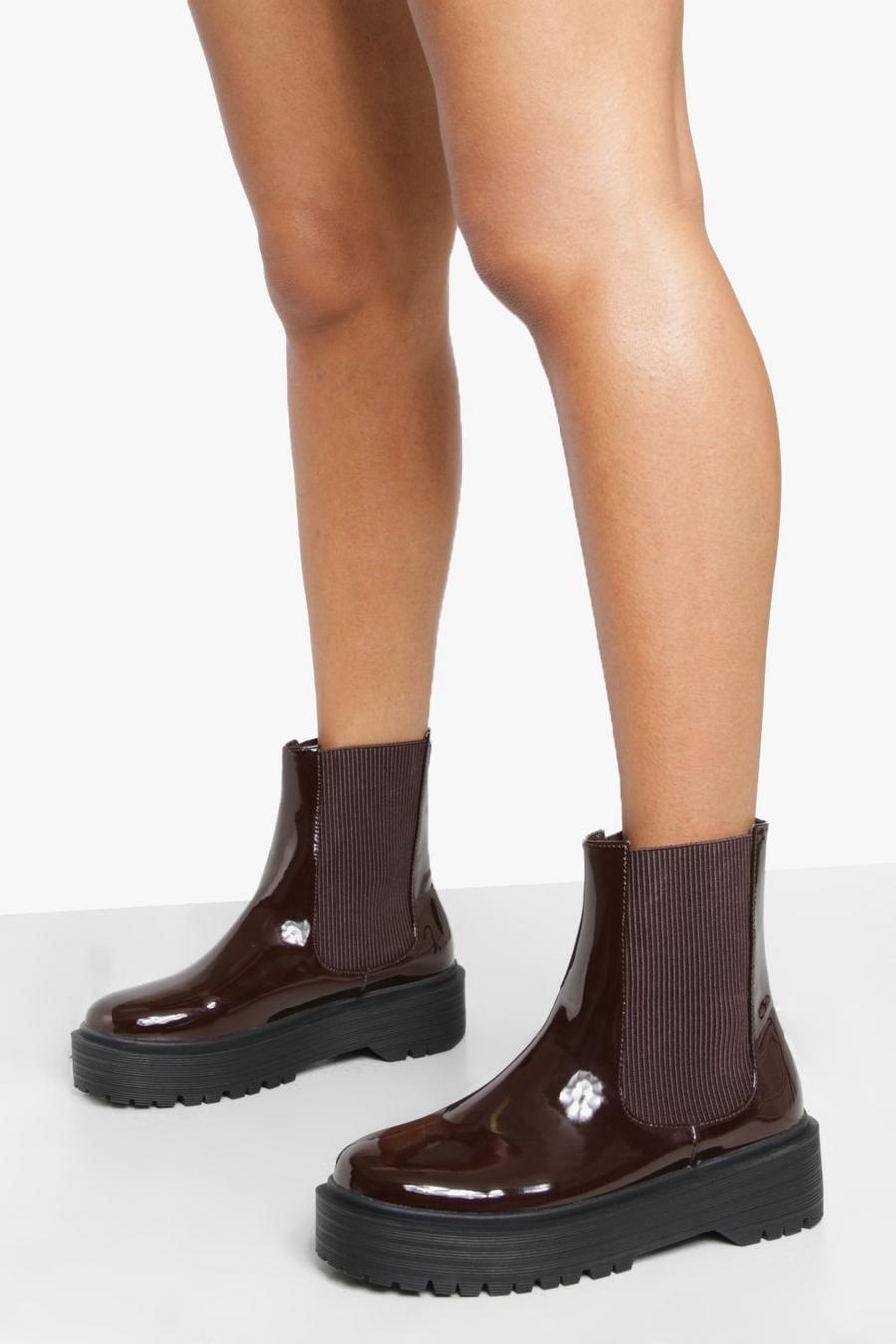 Chocolate Wide Fit Chunky Patent Chelsea Boots image number 1