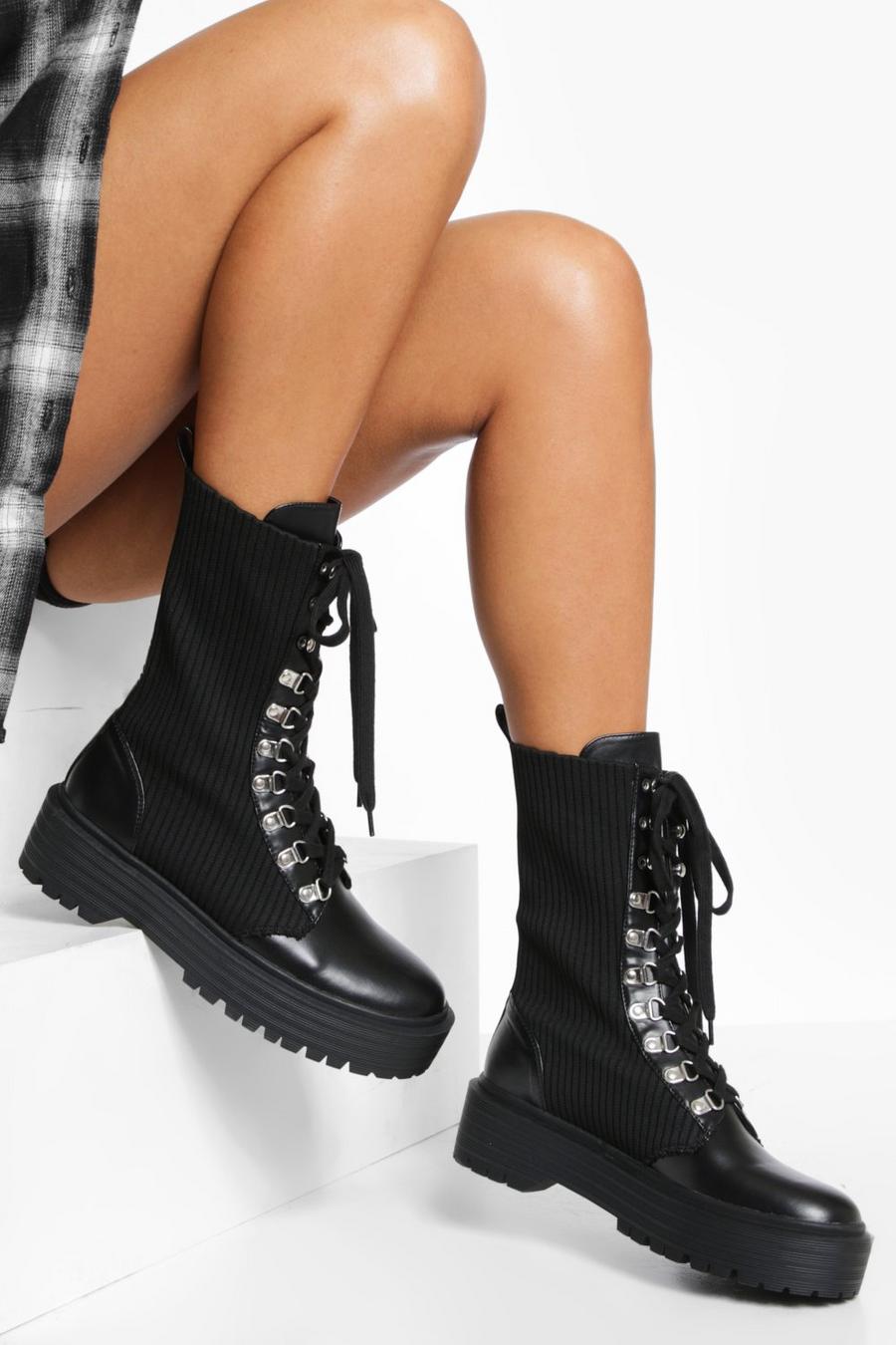 Black Knitted Chunky Lace Up Combat Boots image number 1