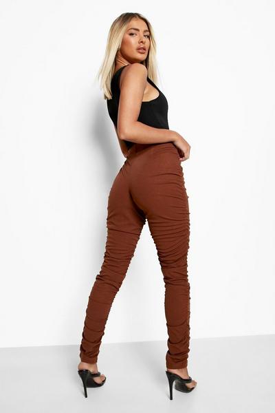 boohoo chocolate Zip Front Extreme Ruched Crepe Trousers