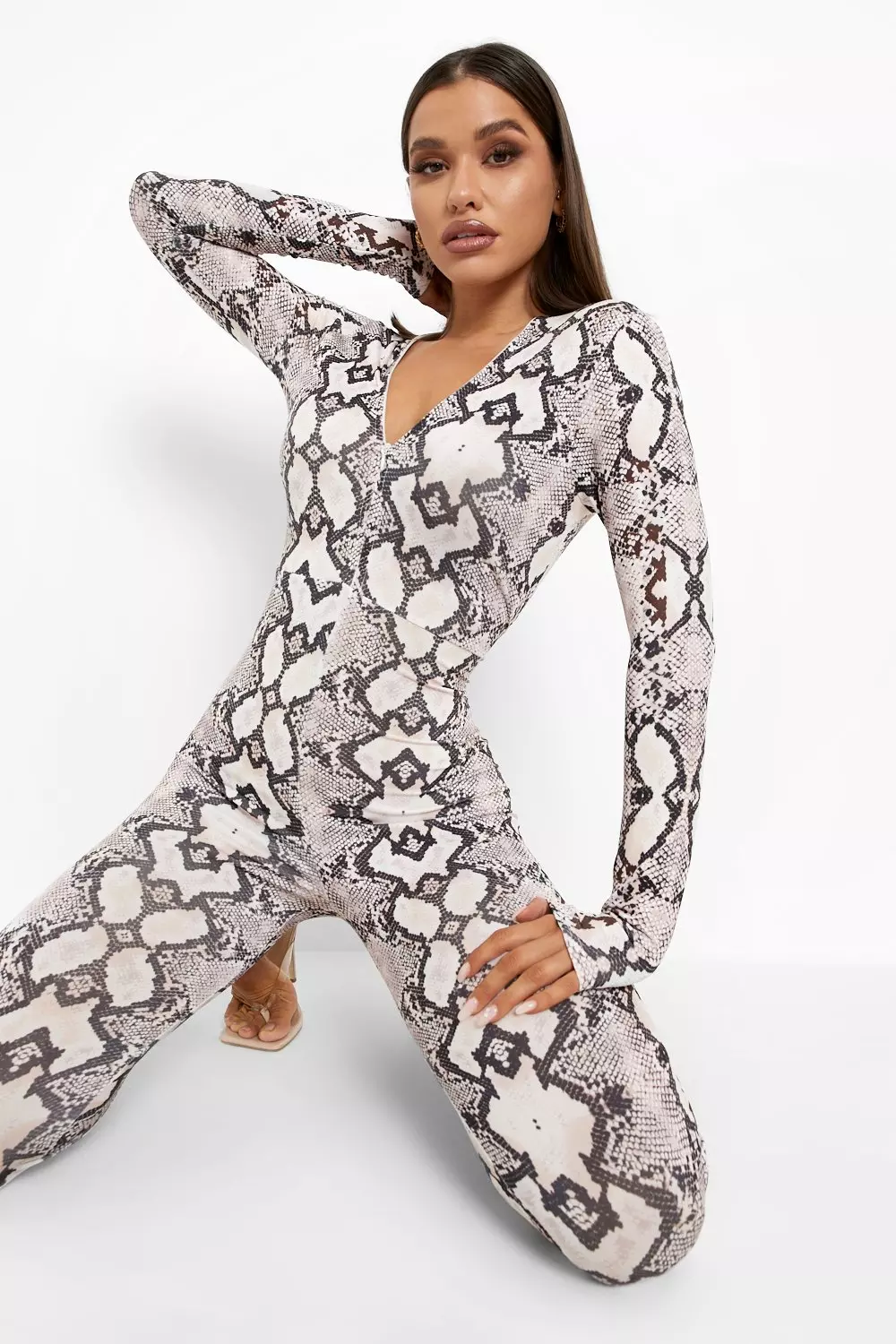 Snake print jumpsuit store long sleeve