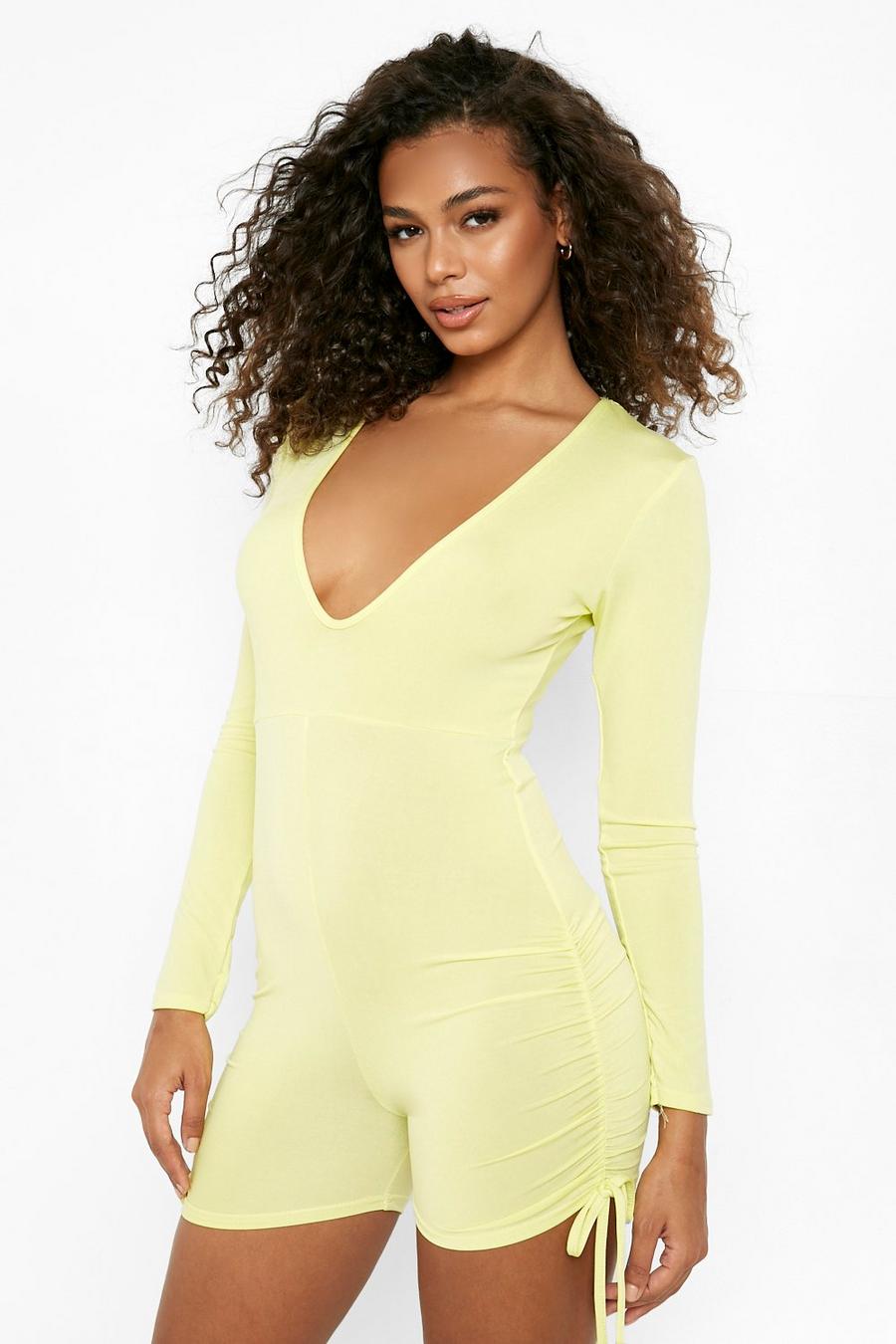 Chartreuse Slinky Rouched Plunge Romper image number 1
