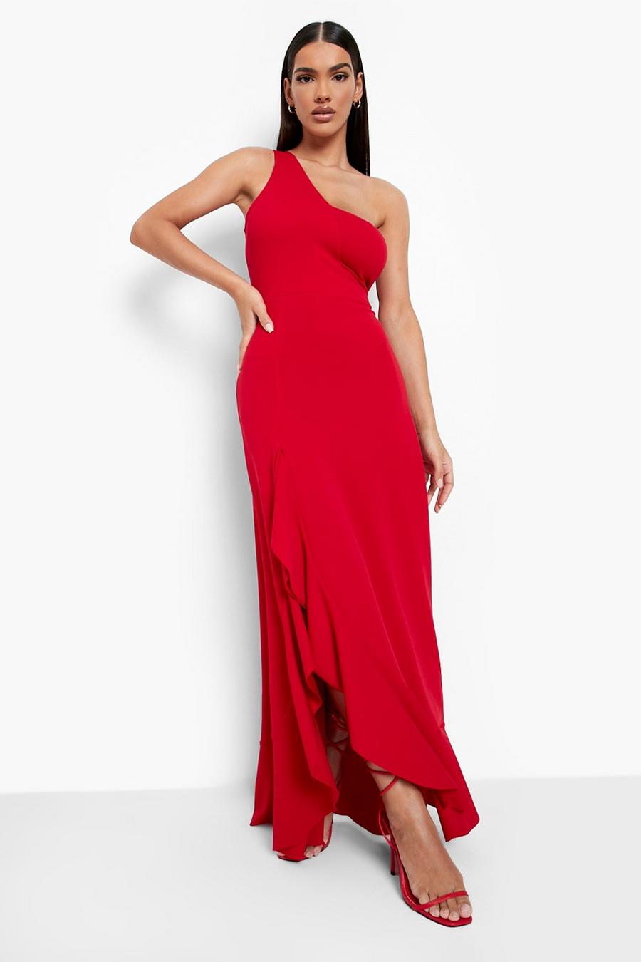Red Scuba One Shoulder Ruffle Maxi image number 1