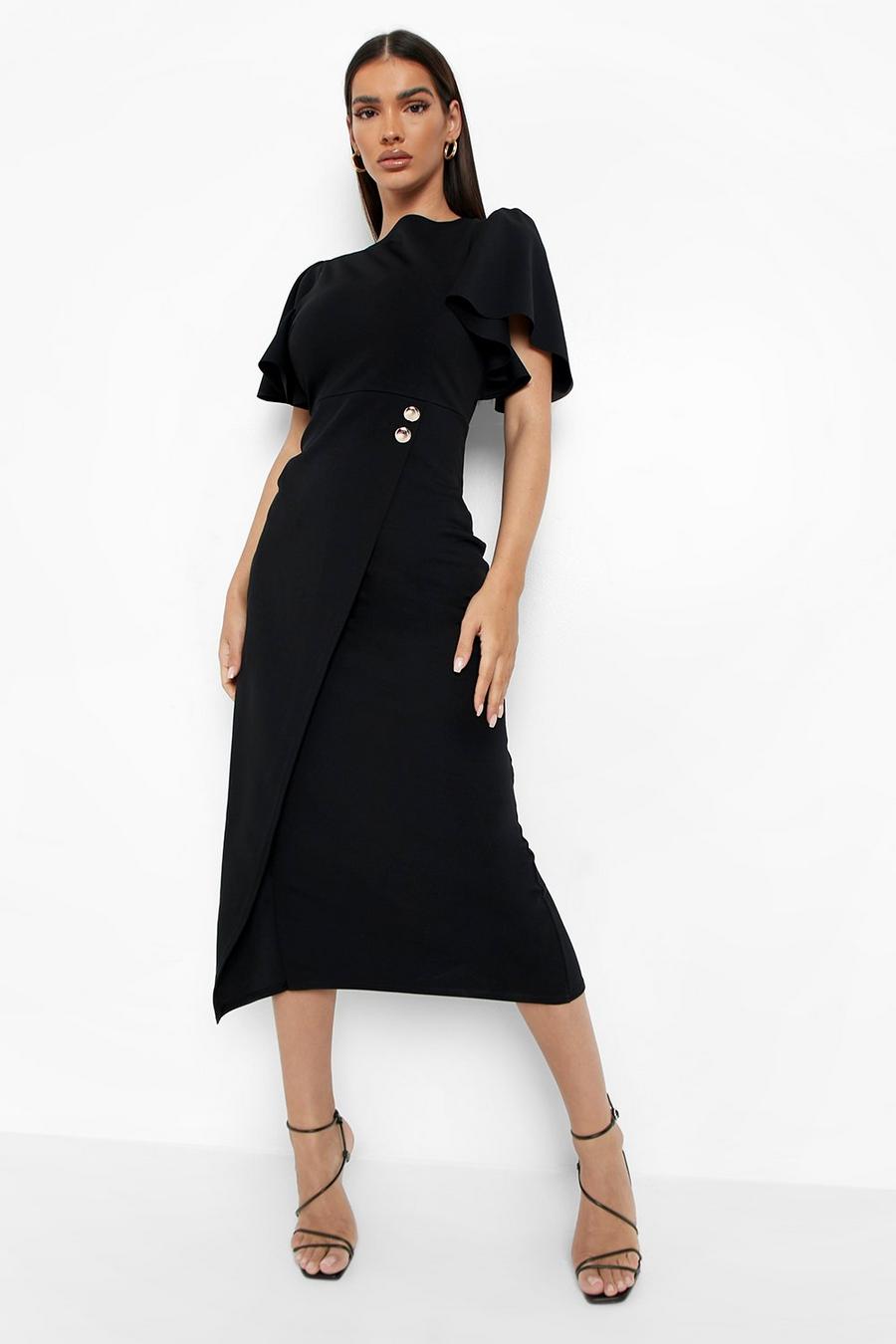 Black Ruffle Sleeve Wrap Midi Dress image number 1