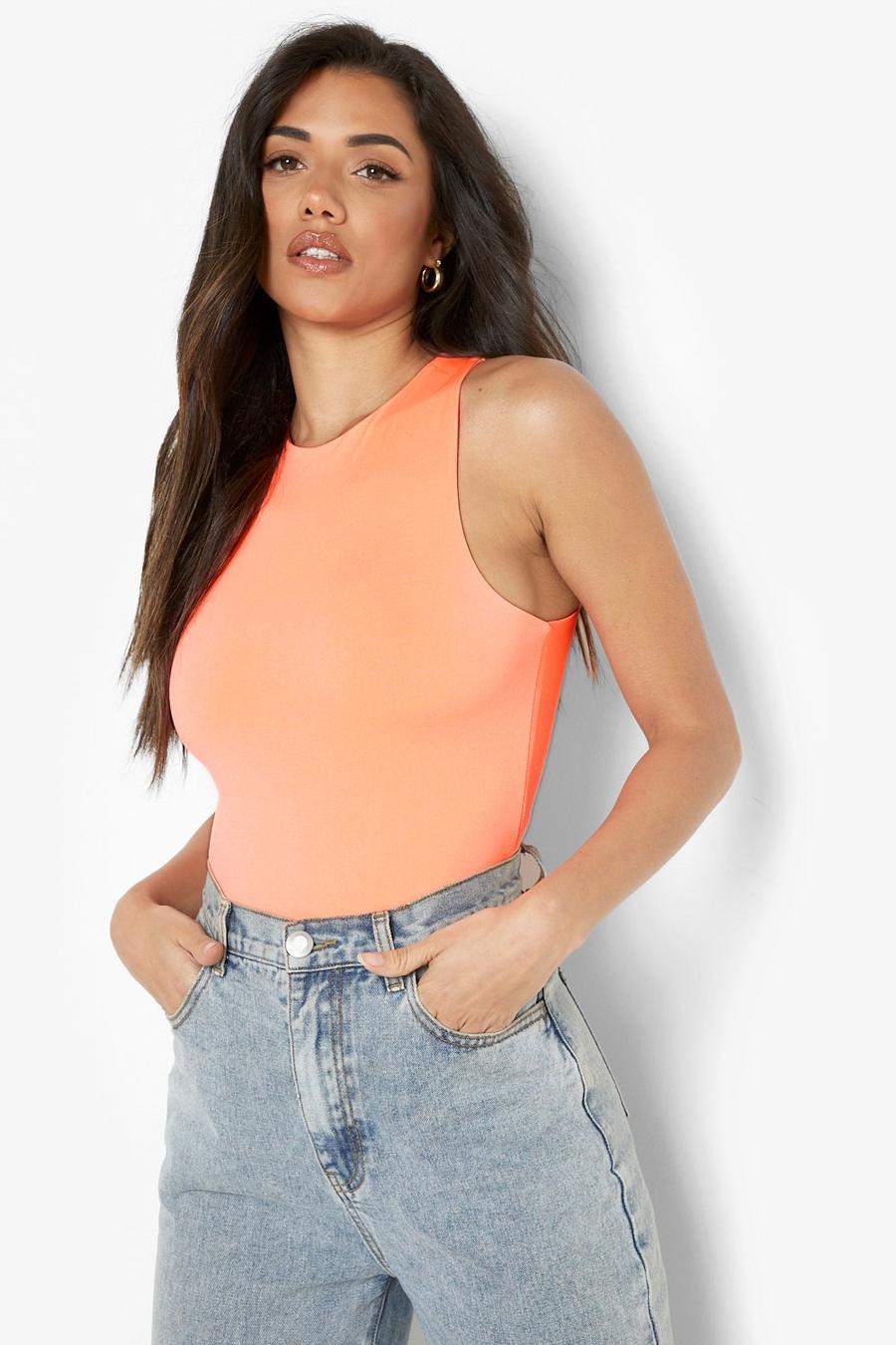 Neon-coral Double Layer Racer Neck Bodsyuit image number 1
