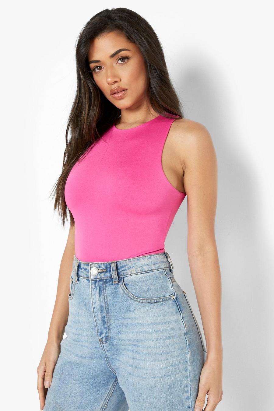 Pink Double Layer Racer Neck Bodsyuit image number 1