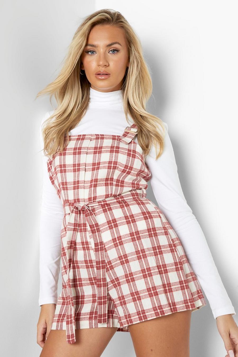 Red Woven Check Belted Pinafore Playsuit image number 1