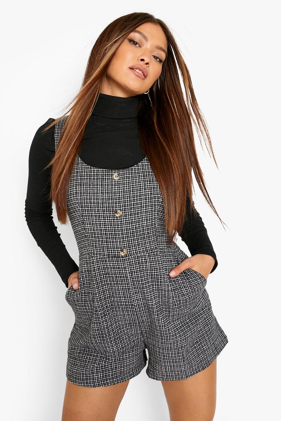 Black Woven Check Button Detail Pinafore Playsuit image number 1