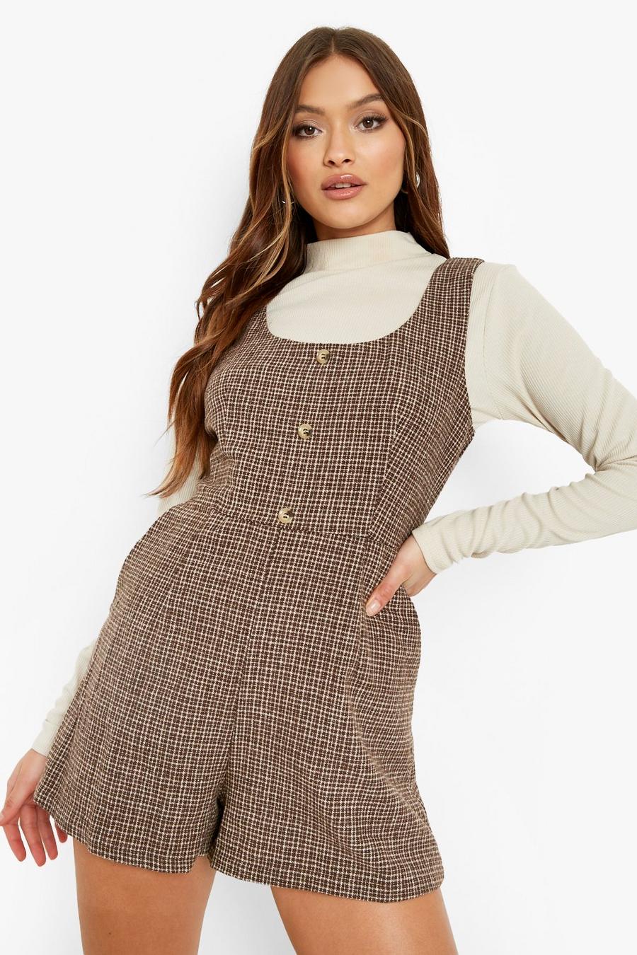 Chocolate Woven Check Button Detail Pinafore Playsuit image number 1