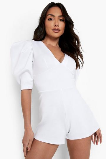 Puff Sleeve Plunge Romper white