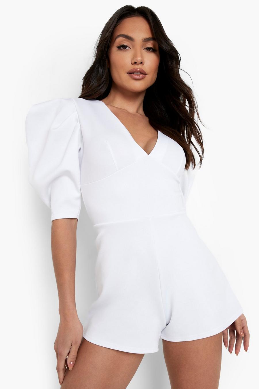 White Puff Sleeve Plunge Playsuit image number 1