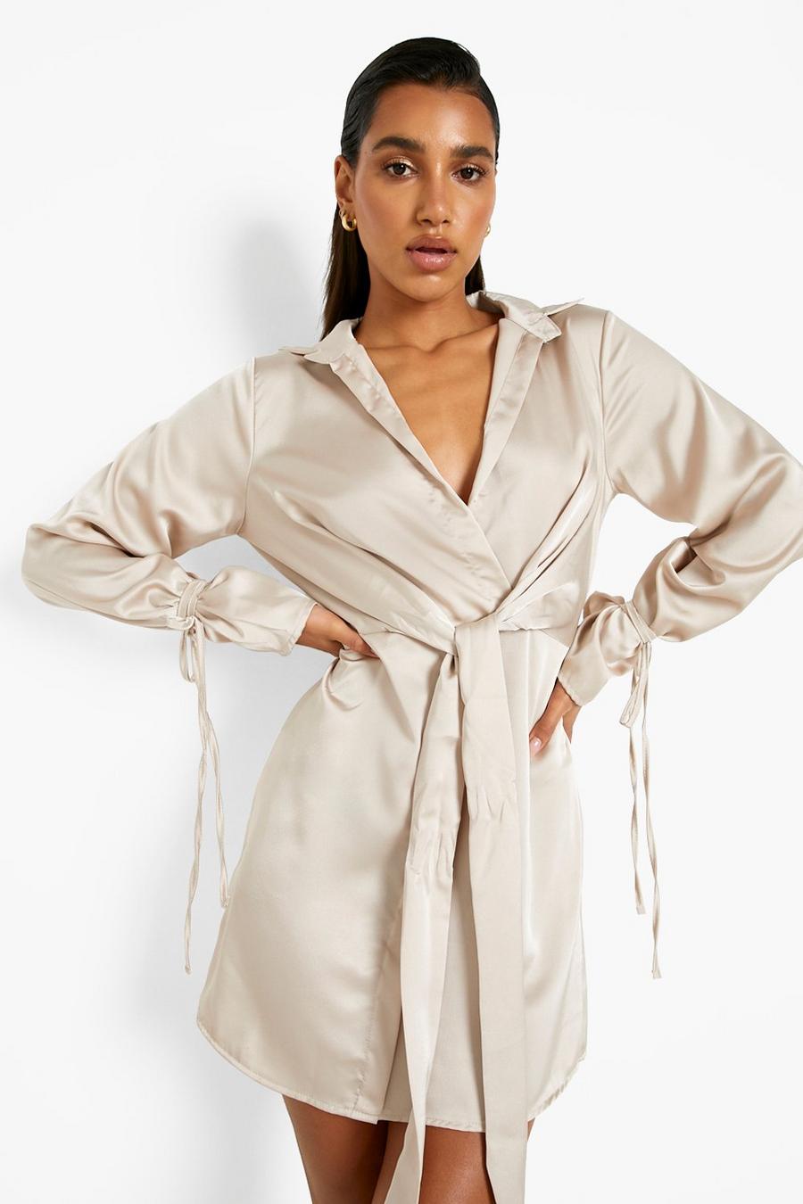 Oyster white Satin Tie Sleeve Knot Front Shirt Dress