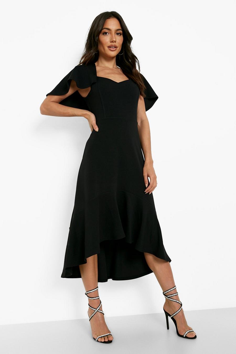 שחור שמלת מידקסי עם שרוולי מלמלה ומכפלת אסימטרית image number 1