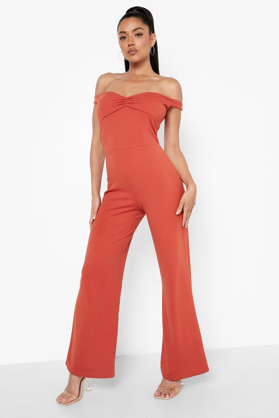 Rust Rouched Off The Shoulder Wide Leg Jumpsuit image number 1