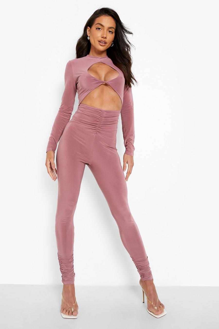 Rose rosa High Neck Cut Out Ruched Unitard