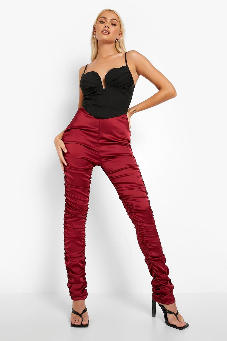 Berry Extreme Ruched Stretch Satin Trousers image number 1