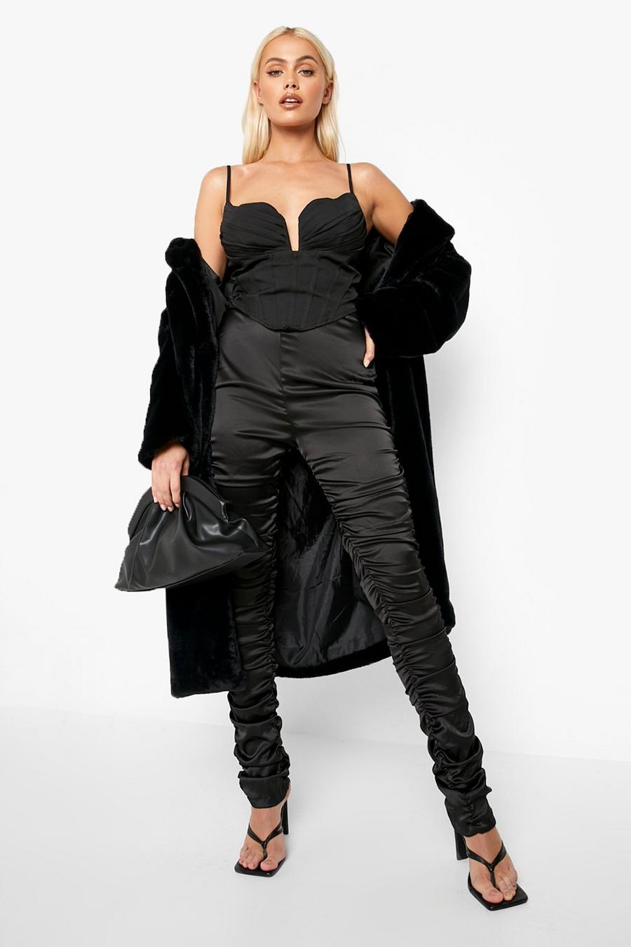 Black Extreme Ruched Stretch Satin Pants image number 1