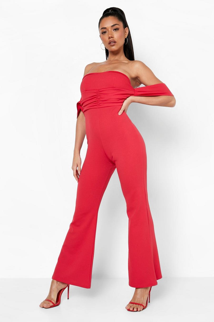 Berry Bardot Ruched Flare Jumpsuit image number 1