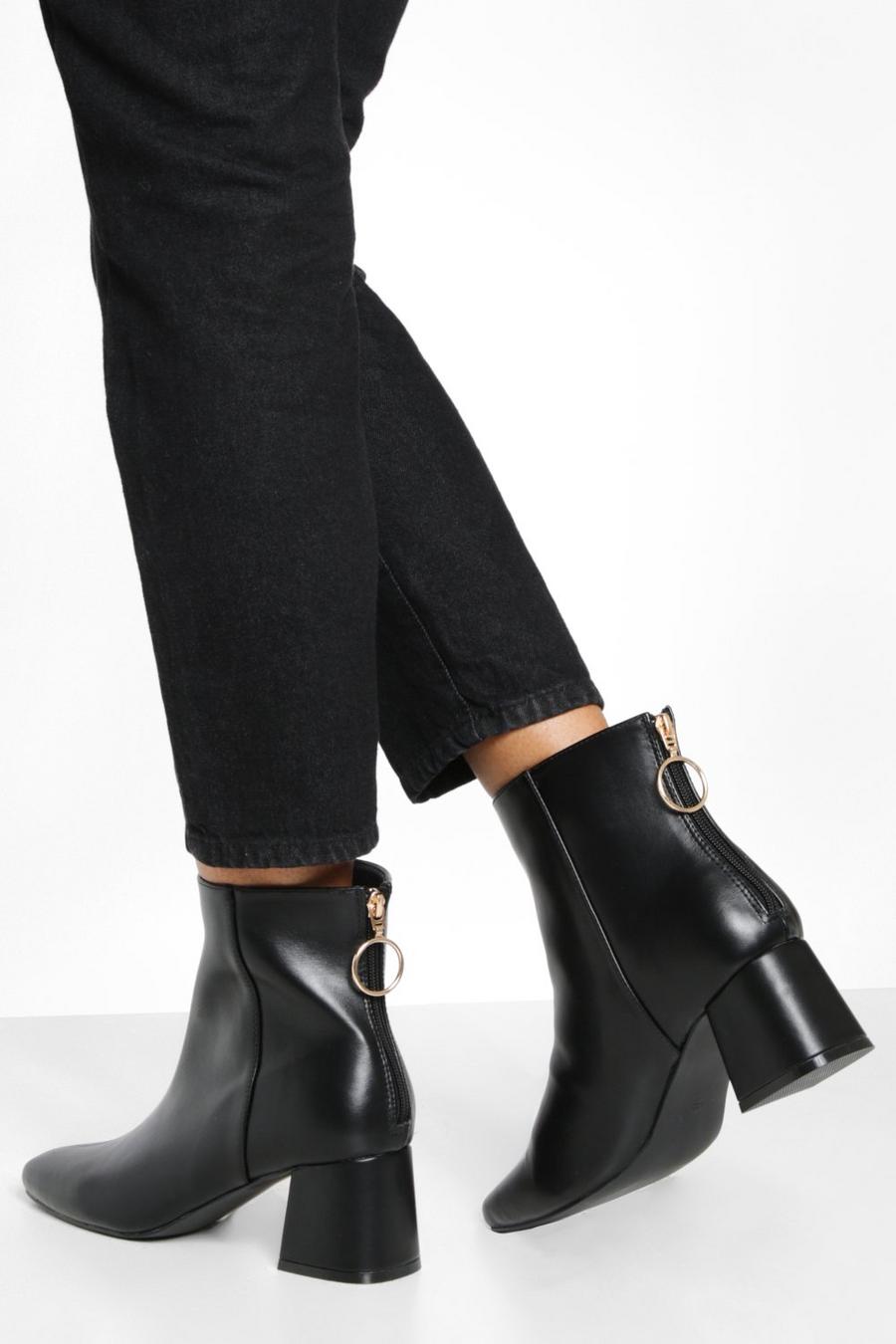Black Wide Fit Zip Detail Pu Block Heel Boots image number 1