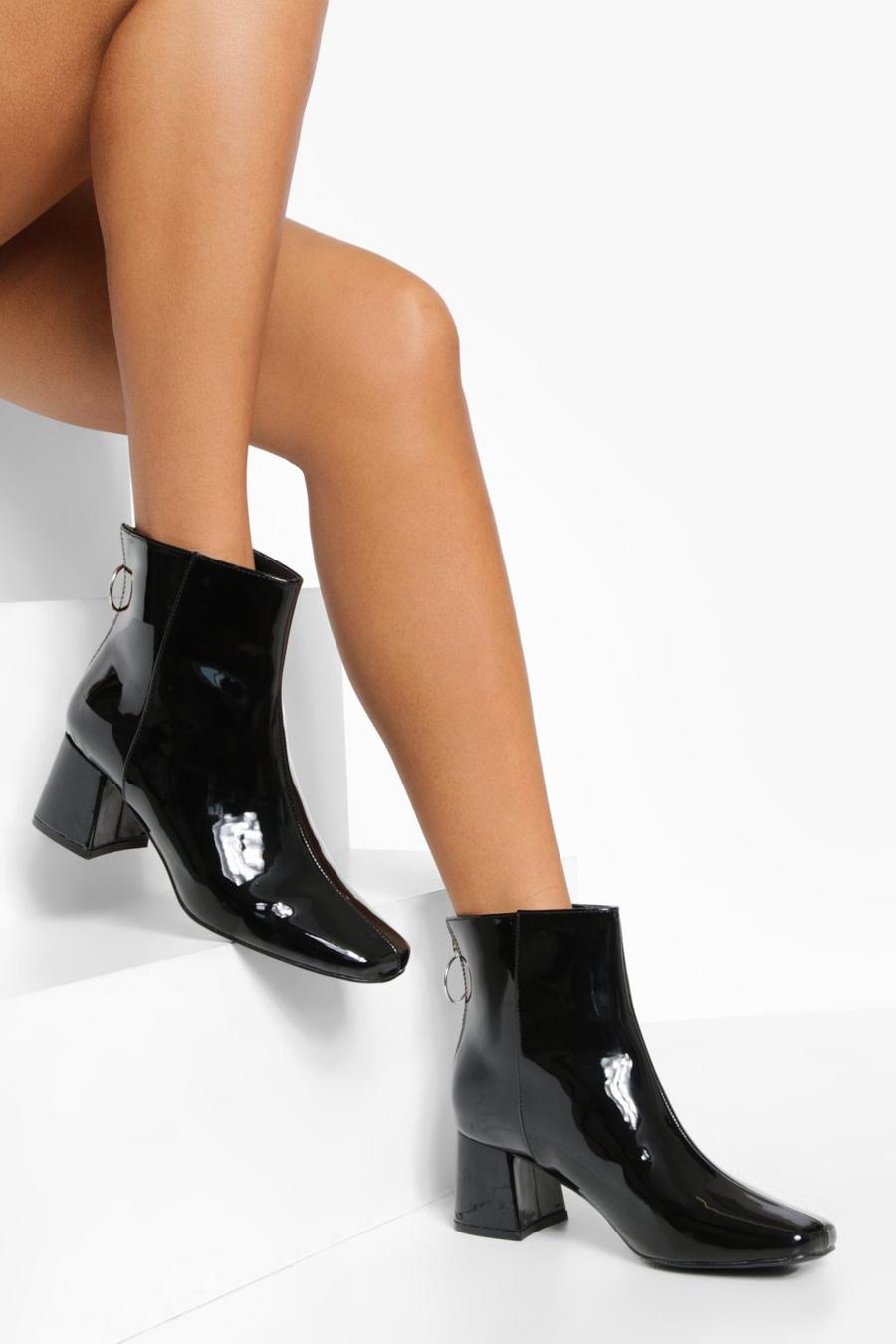 Black svart Zip Detail Patent Low Block Heel Boots image number 1