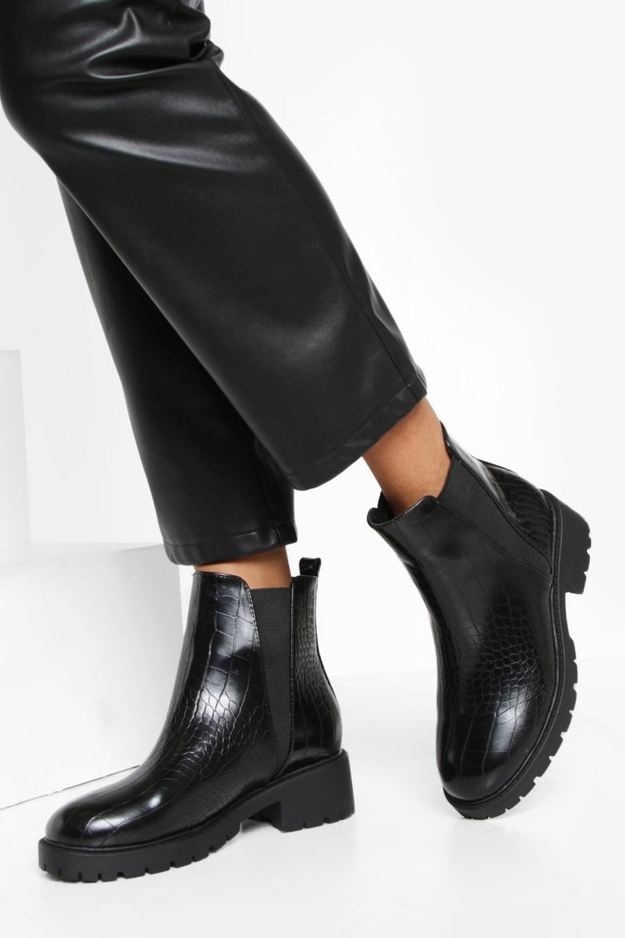 Black Wide Width Croc Chelsea Boots