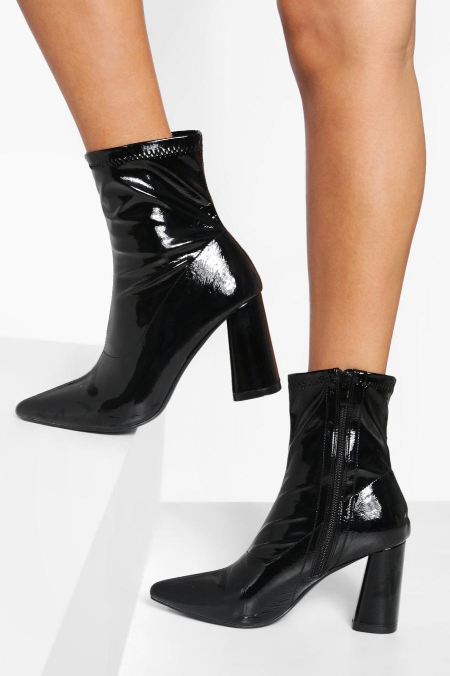 Black Pointed Patent Sock Boots image number 1