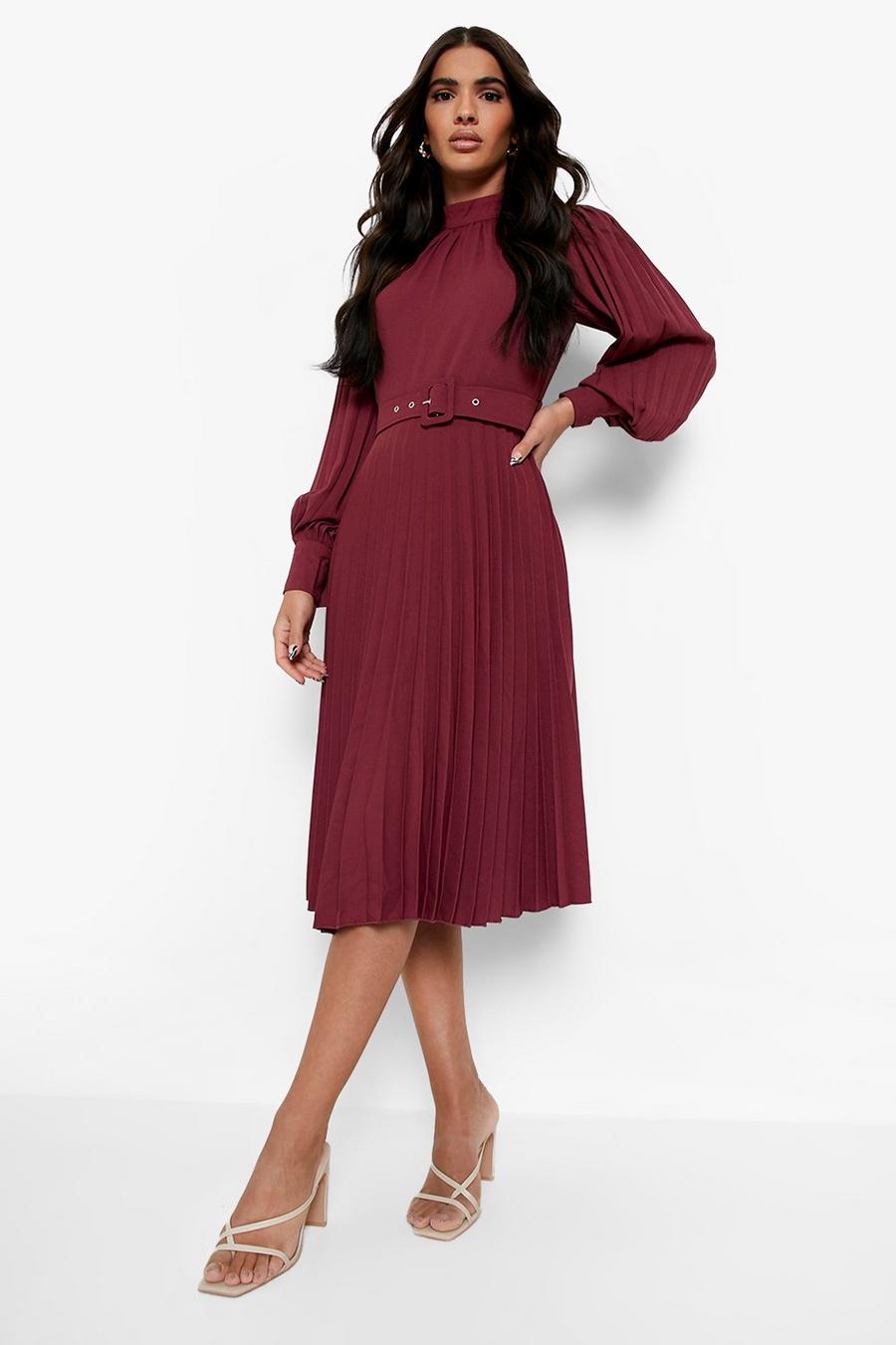 Berry rouge Belted High Neck Pleated Skater Dress image number 1