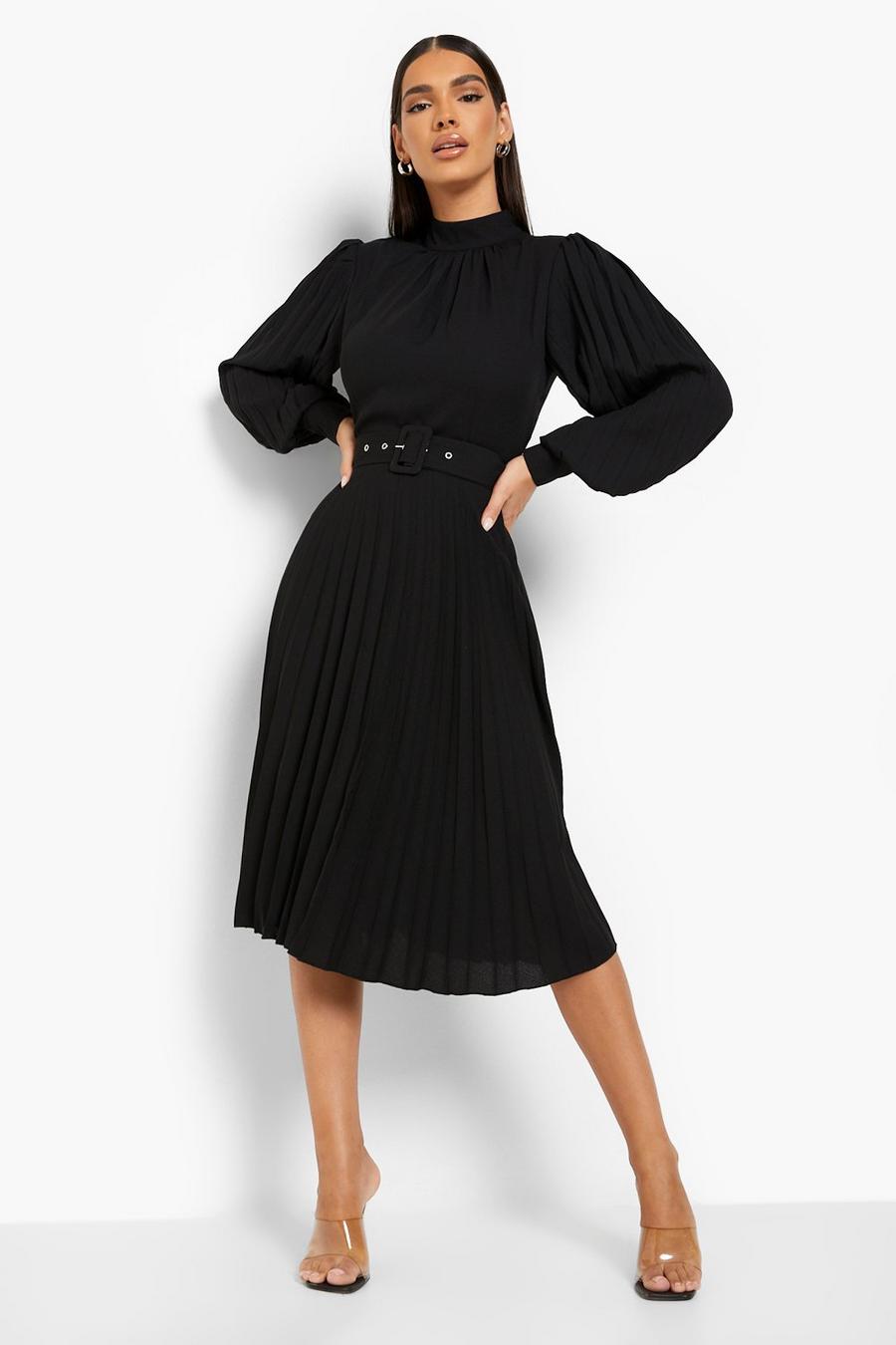 שחור שמלת סקייטר עם צווארון גבוה, חגורה וקפלים image number 1