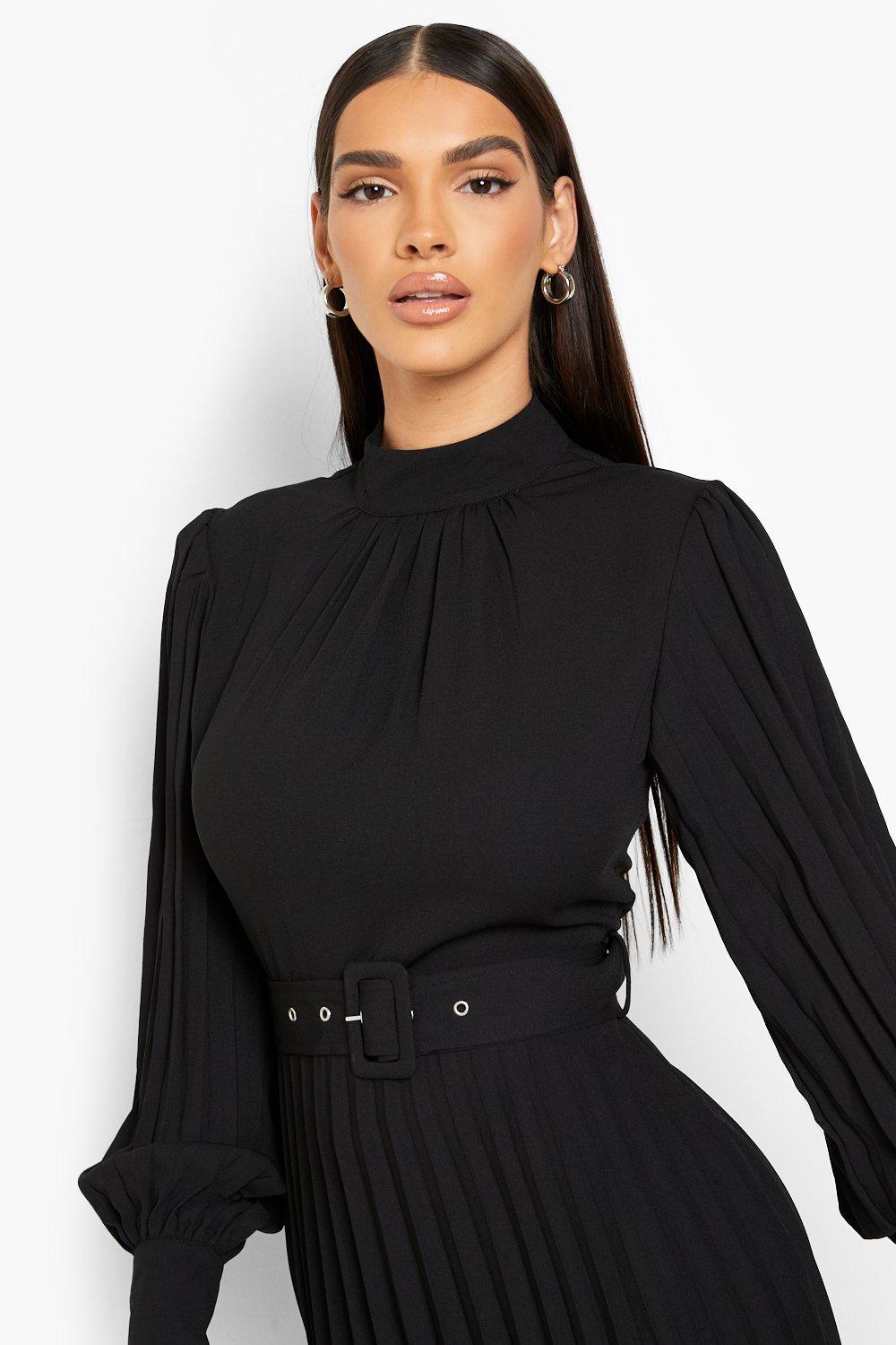 Boohoo Women s Belted High Neck Pleated Skater Dress Black